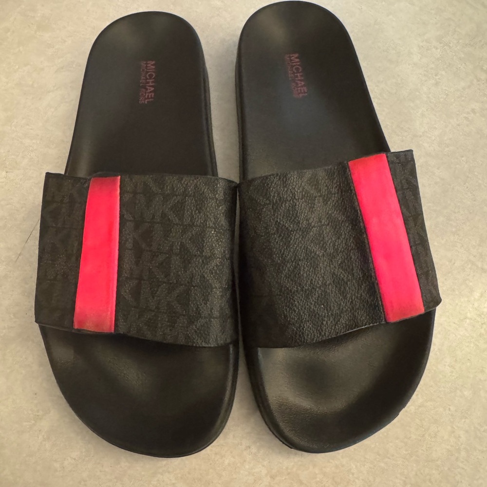 NWOT Michael Kors Black Slides monogram with Pink stripe